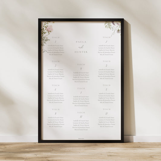 Sitzplan Hochzeit Porträt Blumenkranz foto