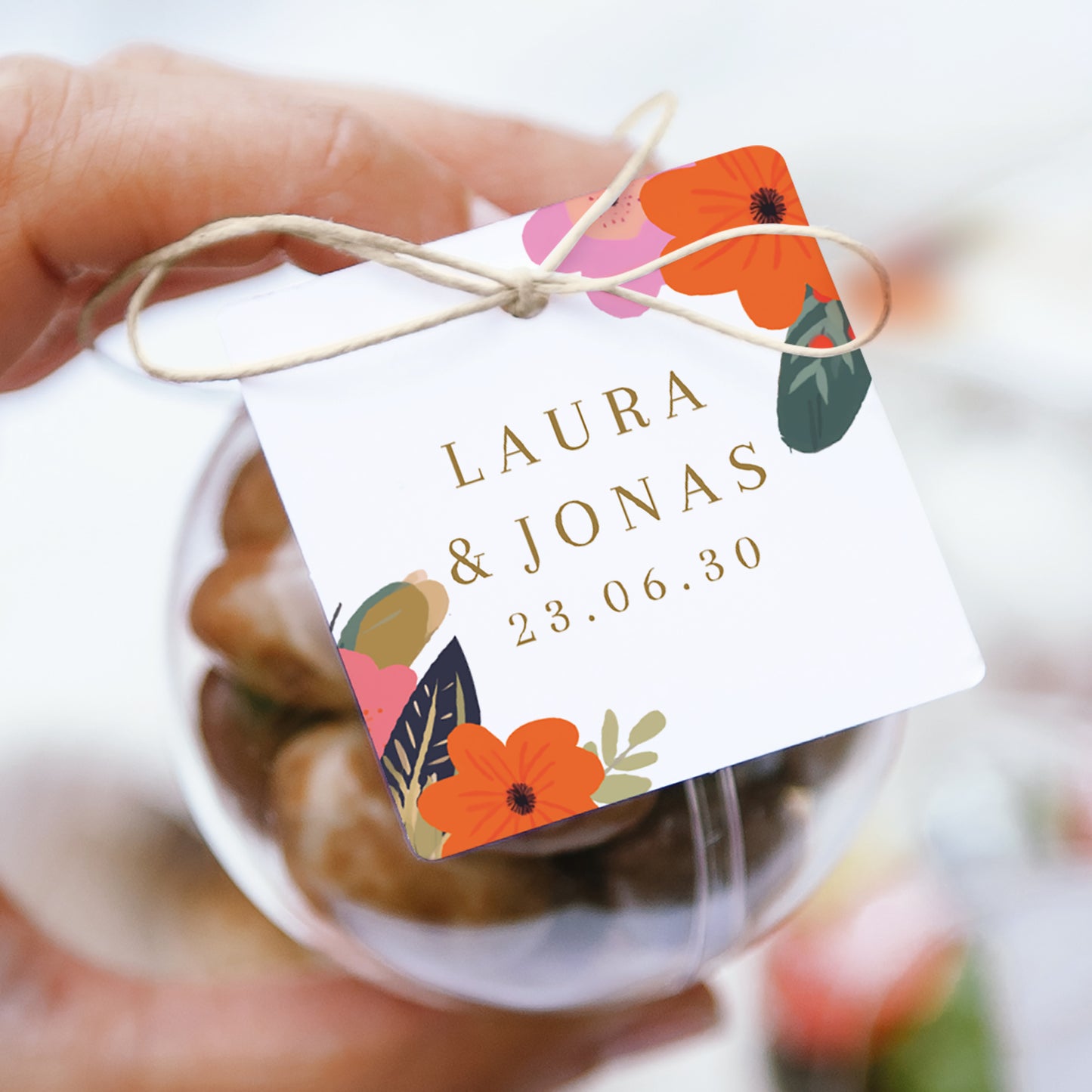 Geschenkbox Hochzeit Kugel mit quadratischem Etikett Reigen von Blumen foto N° 1