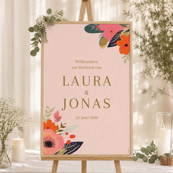 Begrüßungstafel Hochzeit Porträt 60 x 90 cm Reigen von Blumen foto