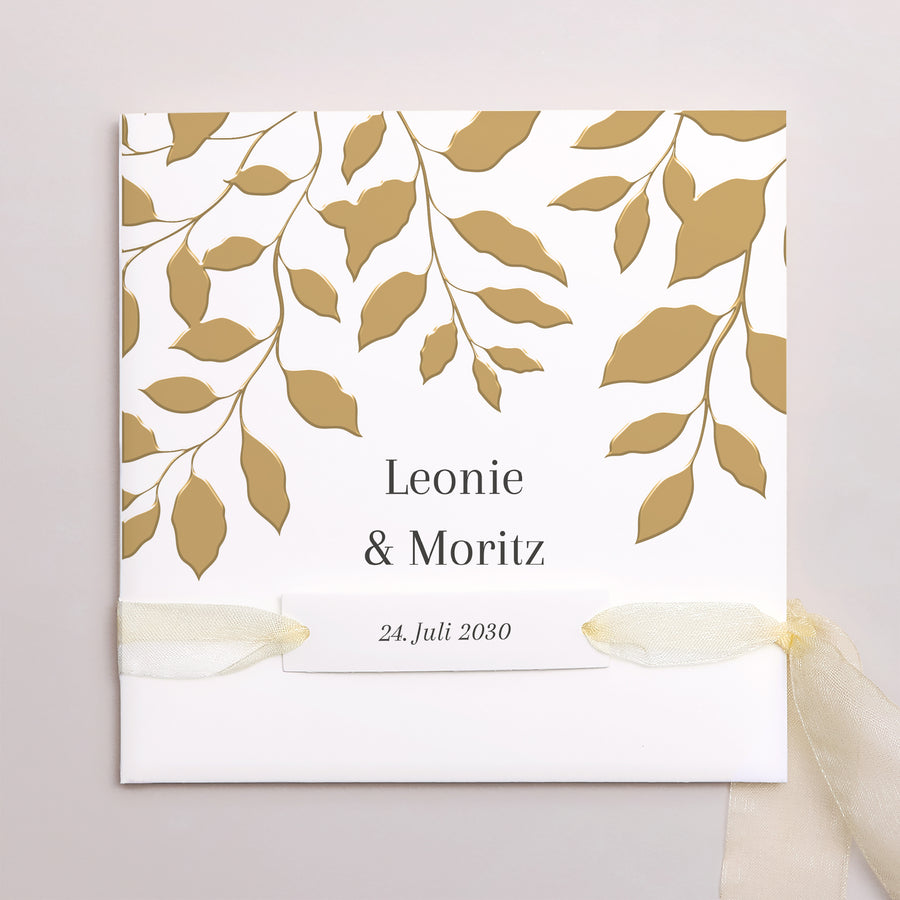 Hochzeitseinladung Quadratische Hülle, 3 Karten, Etikett goldenes Laub foto