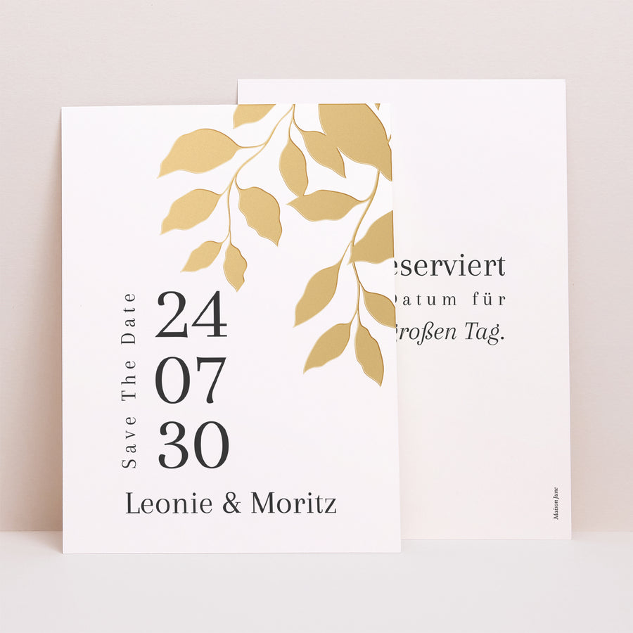 Save the date Karte Hochzeit Porträt goldenes Laub foto