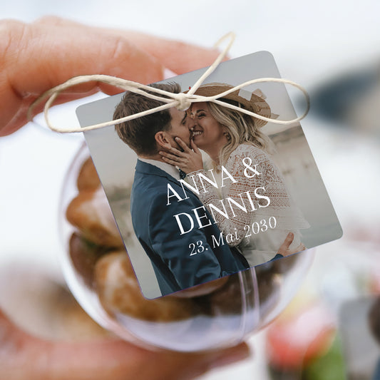 Geschenkbox Hochzeit Kugel mit quadratischem Etikett Ja zum Leben foto