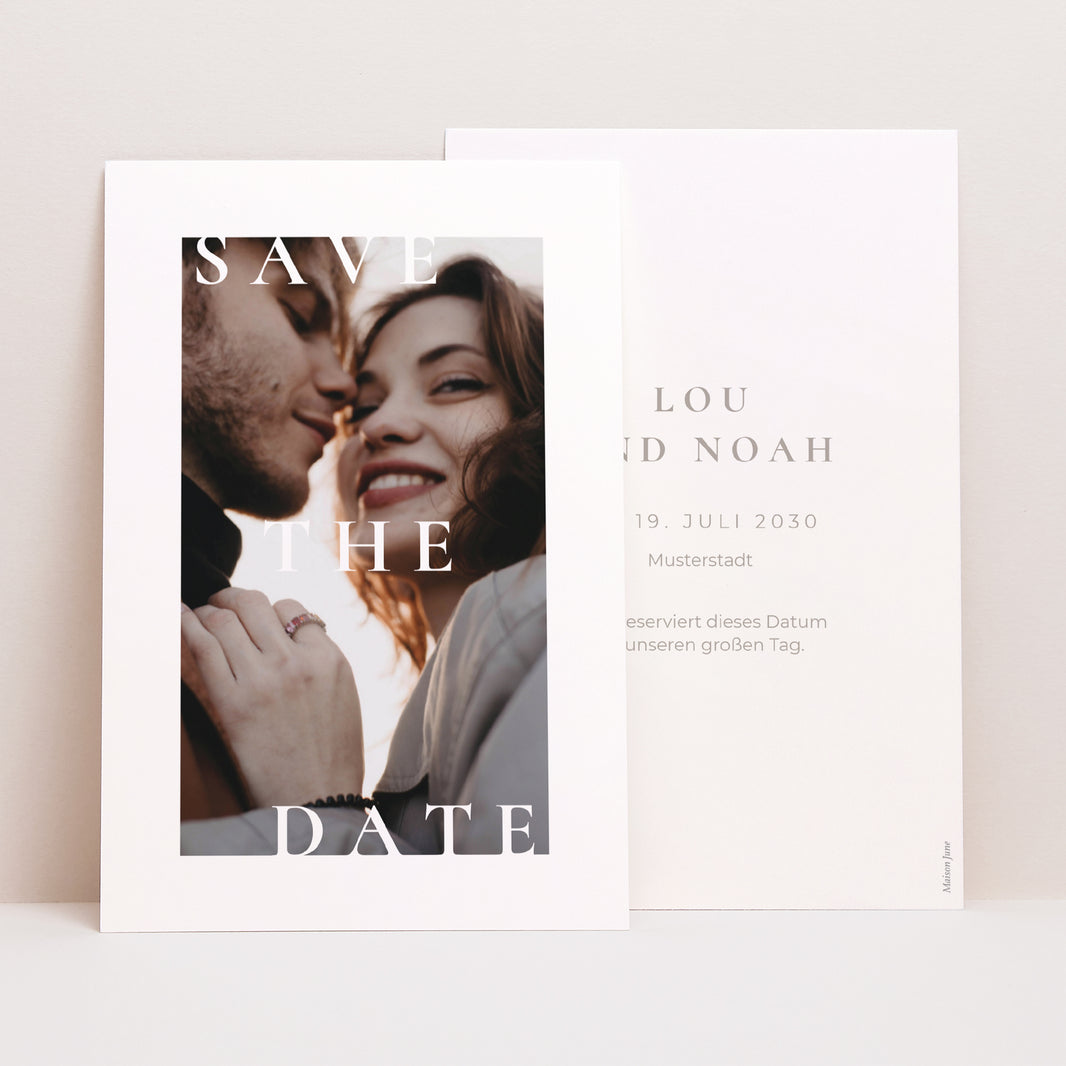 Save the date Karte Hochzeit PortraitPorträt Typo und Beige foto N° 1