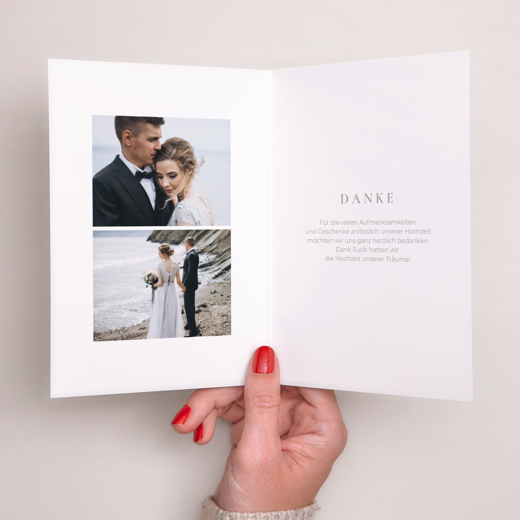 Dankeskarte Hochzeit Doppelflügelporträt Typo und Beige foto N° 2