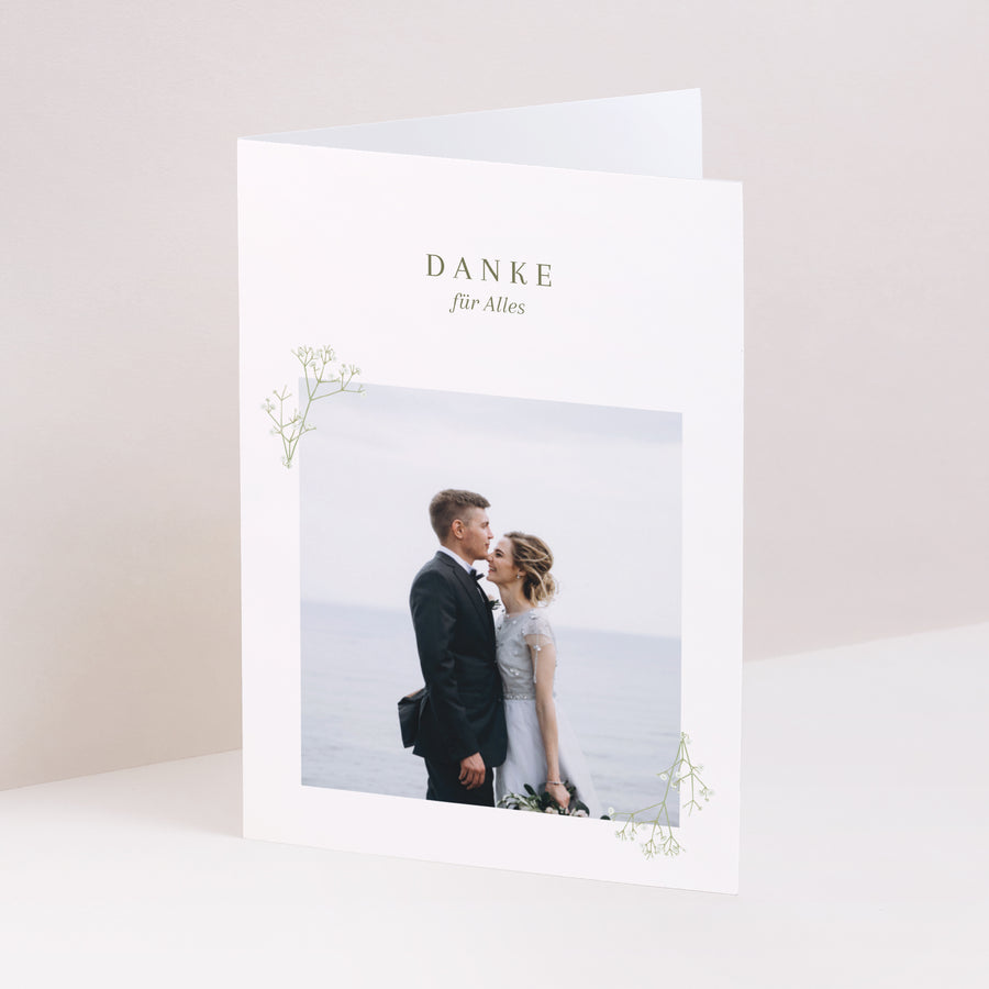 Dankeskarte Hochzeit Doppelflügelporträt Gypsophila-Kranz foto