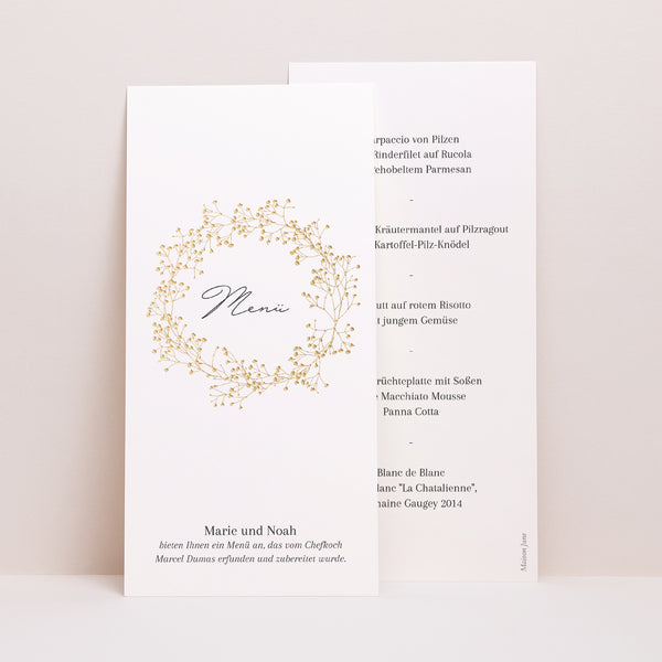 Menükarte Hochzeit Panoramatisches Porträt Goldkranz Gypsophila foto