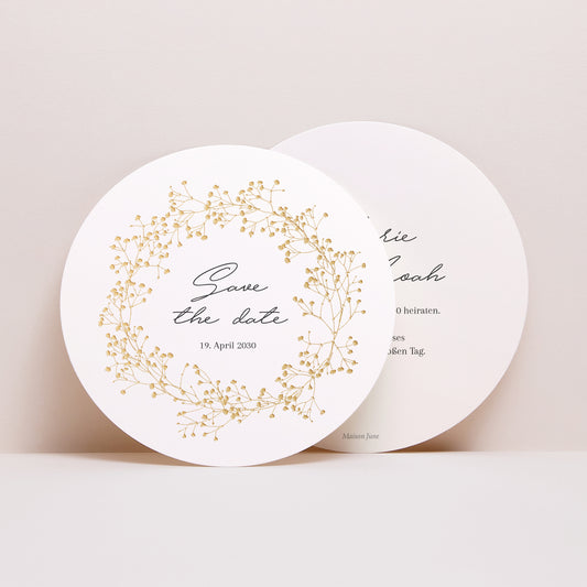 Save the date Karte Hochzeit Rund Goldkranz Gypsophila foto