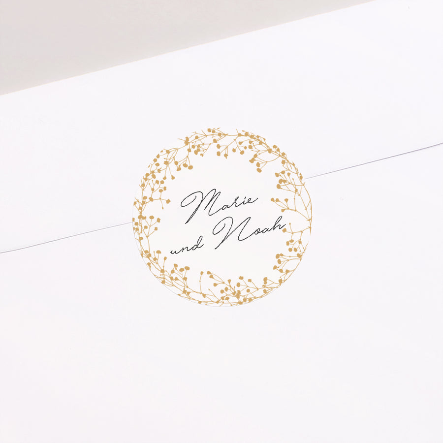 Sticker Hochzeit Rund Goldene Krone Gypsophila foto