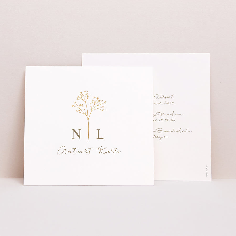 Antwortkarte Hochzeit Quadrat Elegante Gipskraut foto