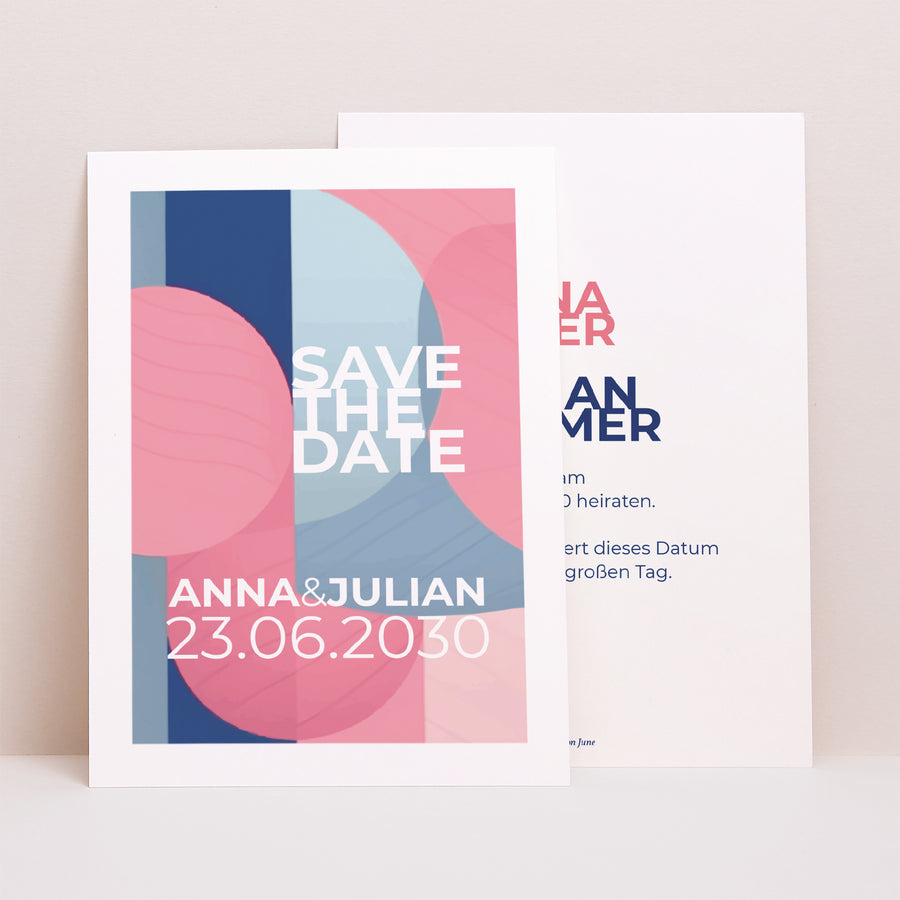 Save the date Karte Hochzeit Porträt Pink & Blue foto