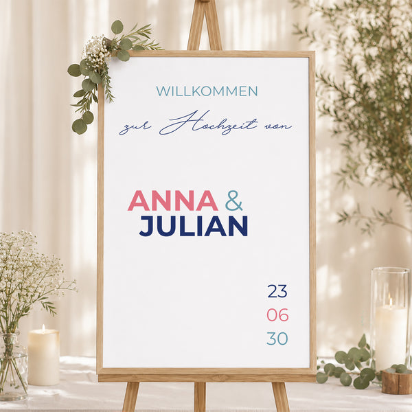 Begrüßungstafel Hochzeit Porträt 60 x 90 cm Pink & Blue foto