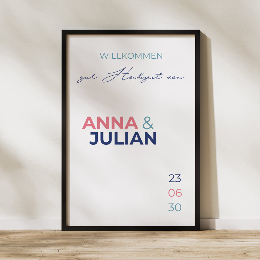 Begrüßungstafel Hochzeit Porträt 60 x 90 cm Pink & Blue foto