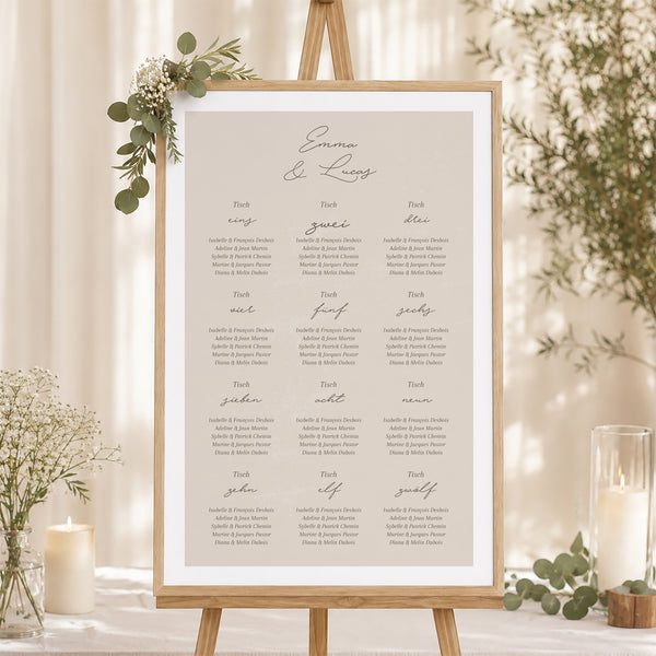 Sitzplan Hochzeit Porträt Kurven auf beigem Grund foto