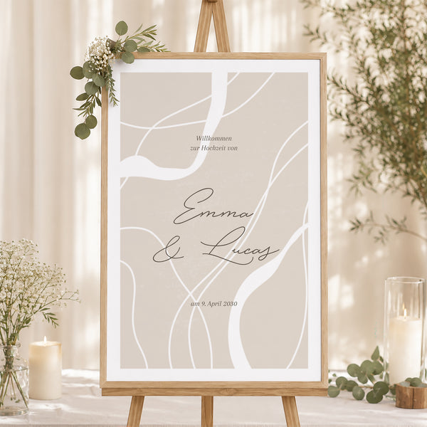 Begrüßungstafel Hochzeit Porträt 60 x 90 cm Kurven auf beigem Grund foto