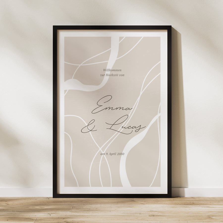 Begrüßungstafel Hochzeit Porträt 60 x 90 cm Kurven auf beigem Grund foto