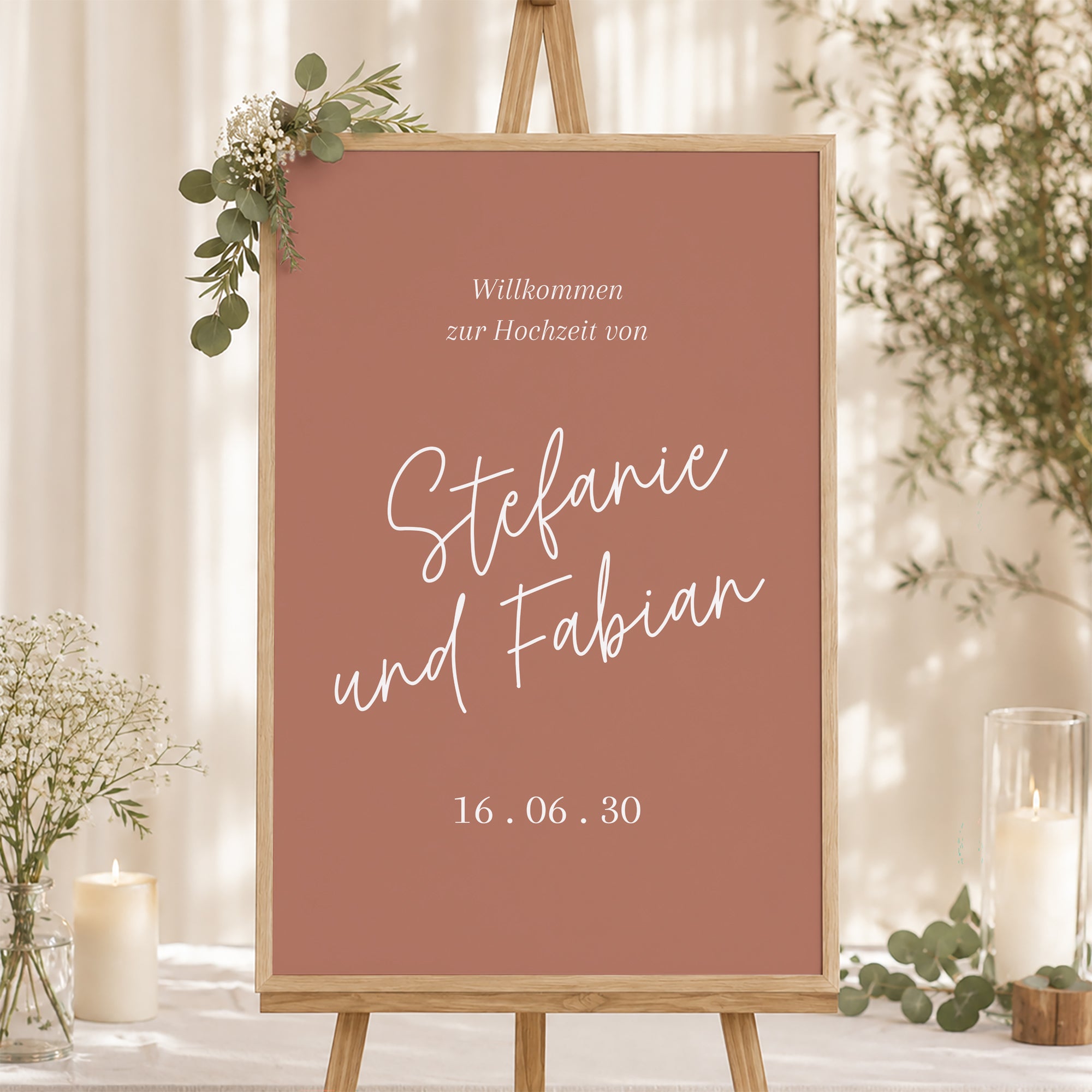Begrüßungstafel Hochzeit Porträt 60 x 90 cm Ziegelstaub foto N° 1