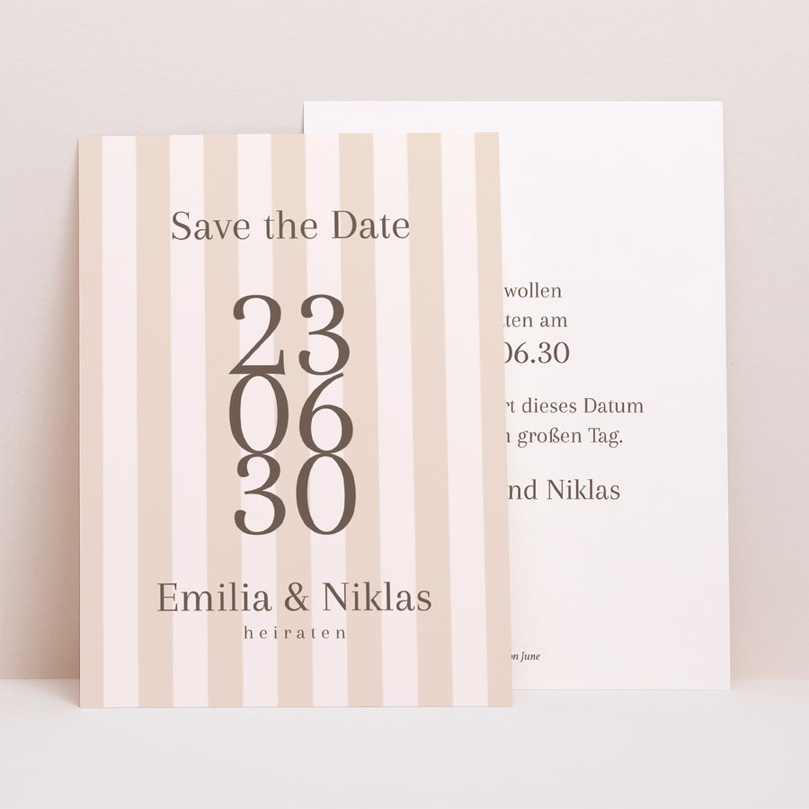 Save the date Karte Hochzeit Porträt Beige Streifen foto