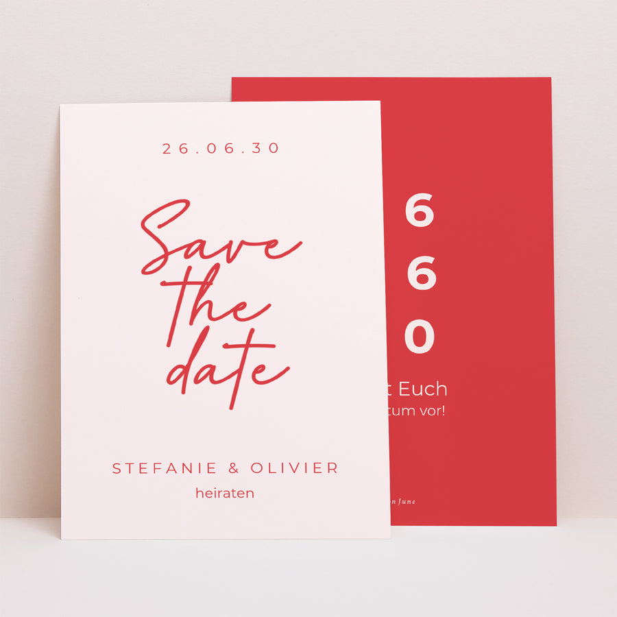 Save the date Karte Hochzeit Porträt Rot & Creme II foto