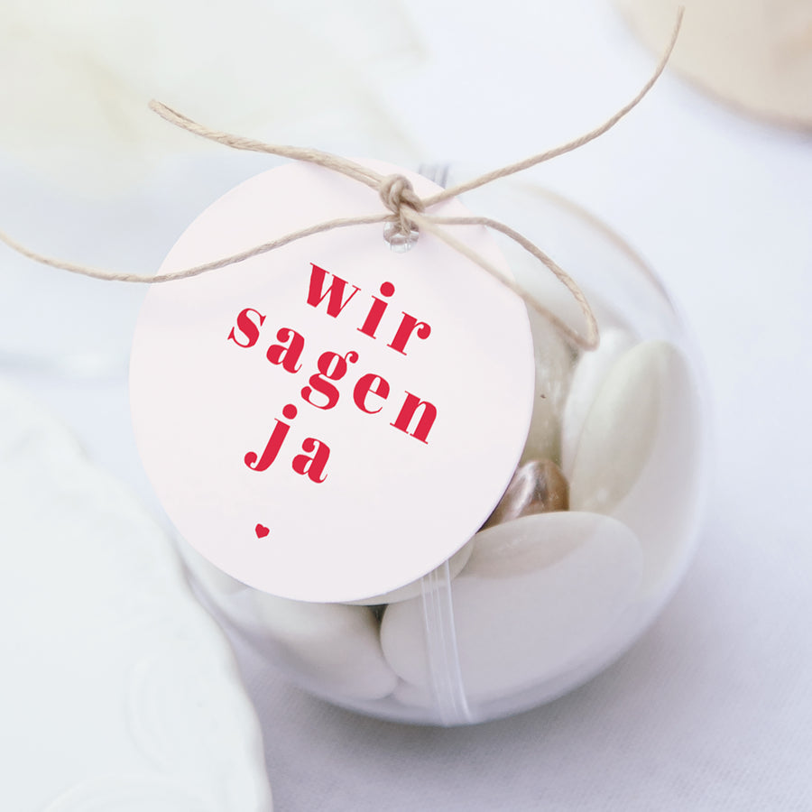 Geschenkbox Hochzeit Kugel mit runder Etikette Wir sagen ja foto