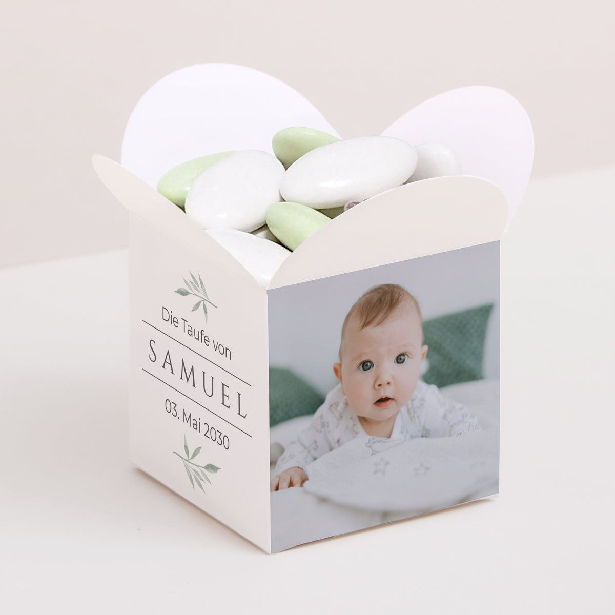 Geschenkbox Taufe Schmetterlingsöffnung Kleine Pflanze foto