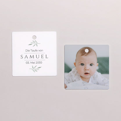 Geschenkbox Taufe Kugel mit quadratischem Etikett Kleine Pflanze foto N° 3