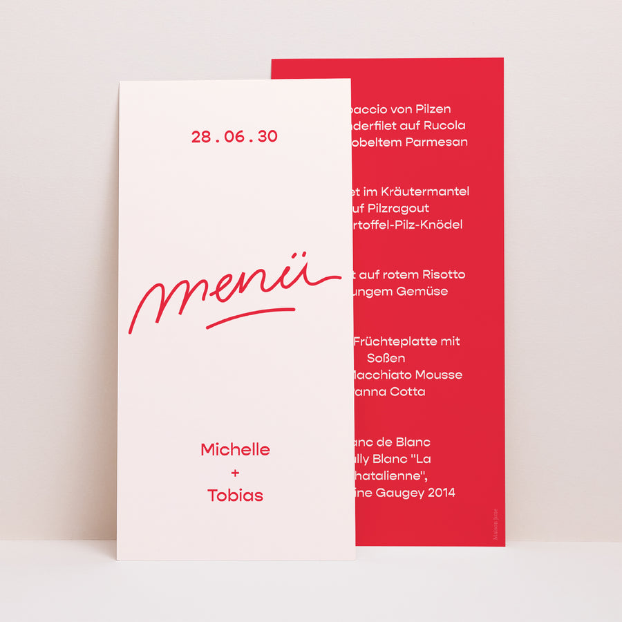 Menükarte Hochzeit Panoramatisches Porträt Liebe in den Achtzigern Rot foto