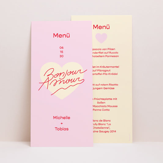 Menükarte Hochzeit Panoramatisches Porträt Hallo Liebesrosa. foto