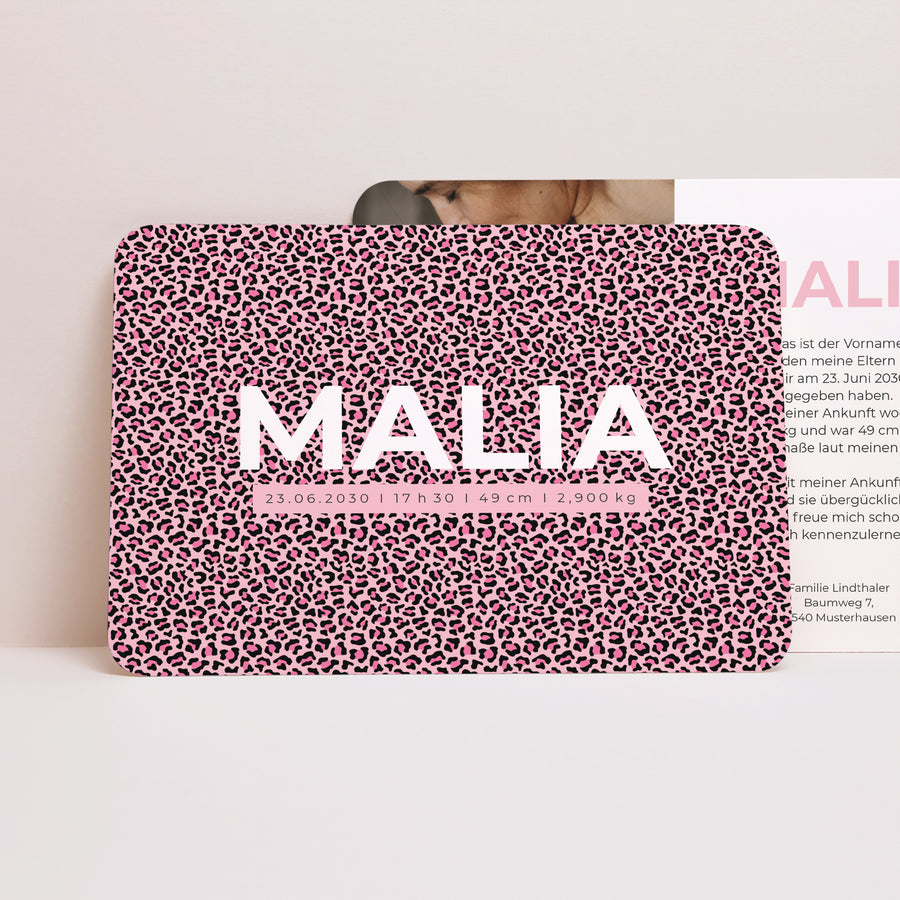 Geburtskarte Landschaft, abgerundete Ränder Rosa Leopard foto