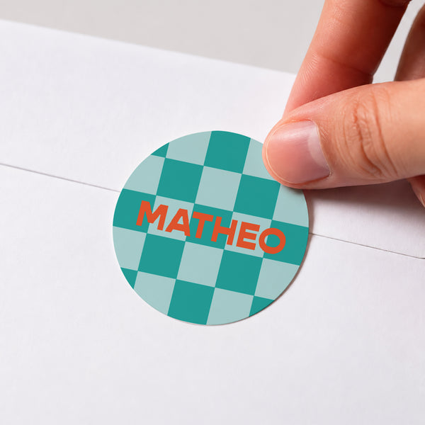 Sticker Geburt Rund Schachbrett türkis foto