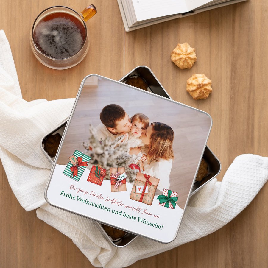 Metalldose Weihnachten Quadratisch Pakete der Freude foto