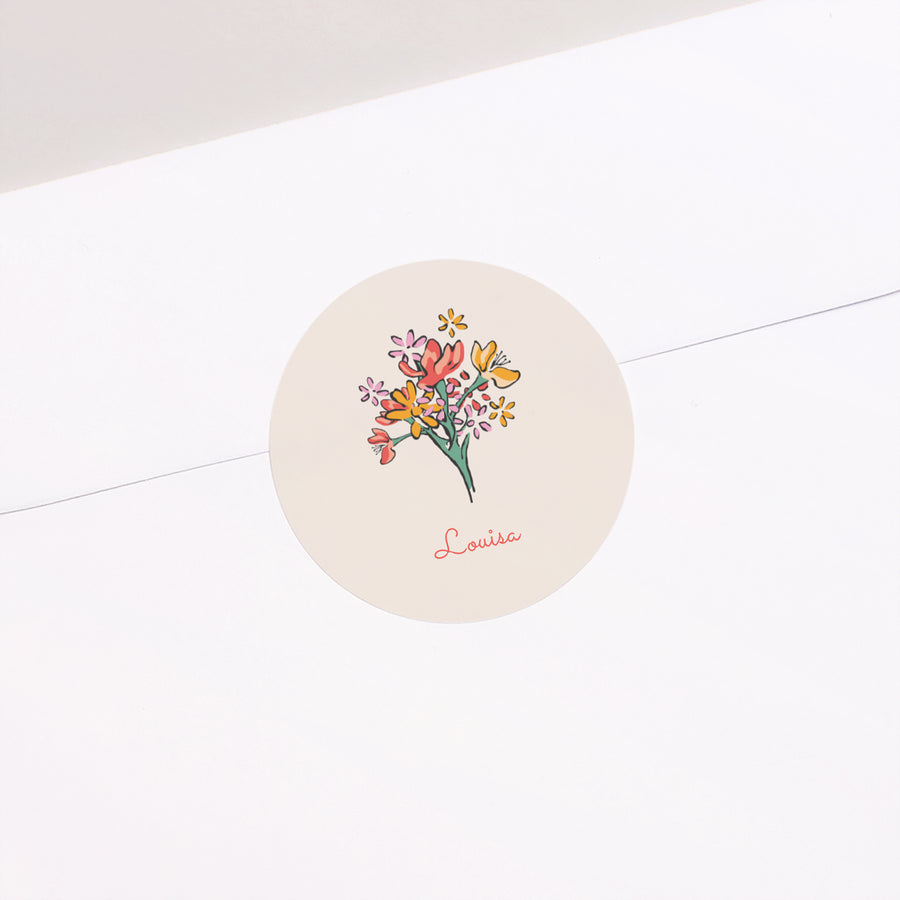 Sticker Geburt Rund Kleiner Strauß beigeblühender Blumen foto