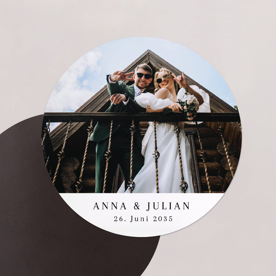 Dankeskarte Hochzeit Set von 8, magnetisch, rund, Ø 10 cm Das große Glück foto