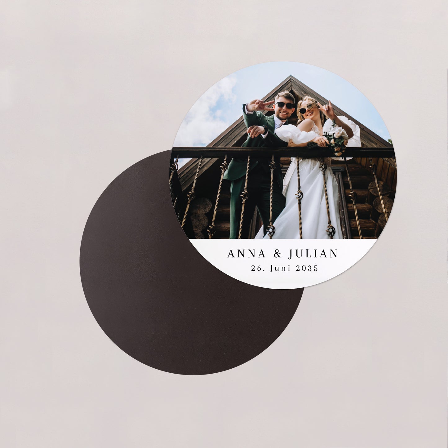 Dankeskarte Hochzeit Set von 8, magnetisch, rund, Ø 10 cm Das große Glück foto N° 2