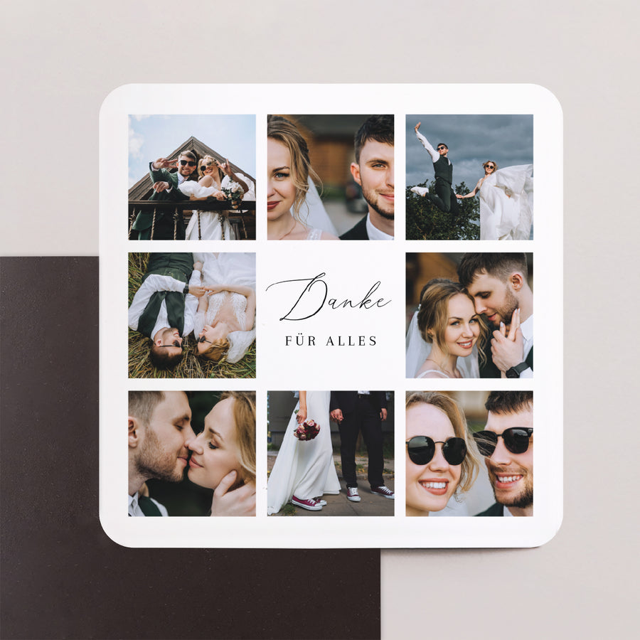 Dankeskarte Hochzeit Set von 8, magnetisch, quadratisch mit abgerundeten Ecken danke in Bildern foto