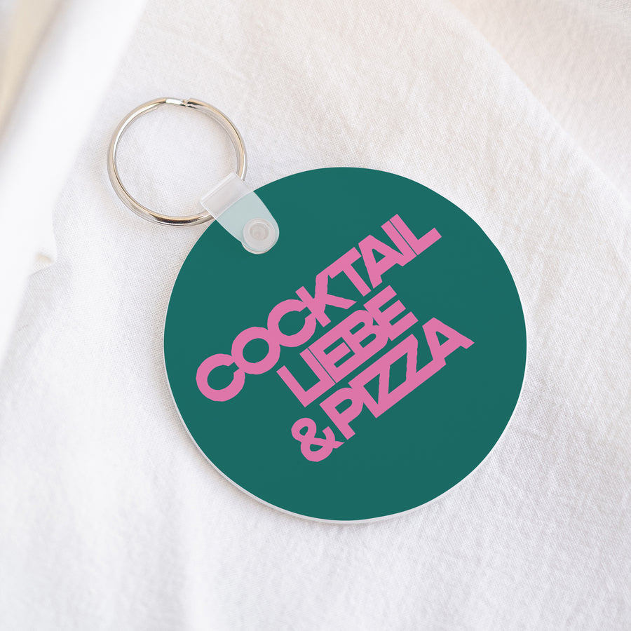 Schlüsselanhänger Objekte Rund Cocktail, Liebe und Pizza foto