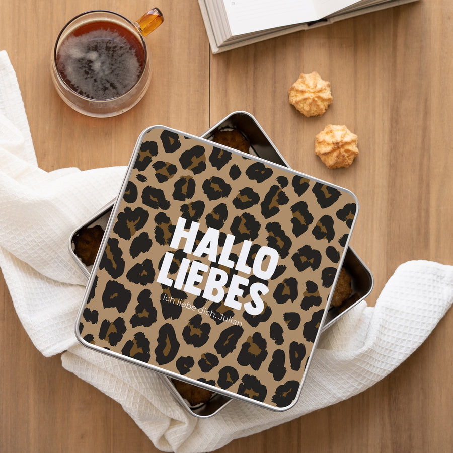 Metalldose Objekte Quadratisch Hallo Liebes-Leopard foto