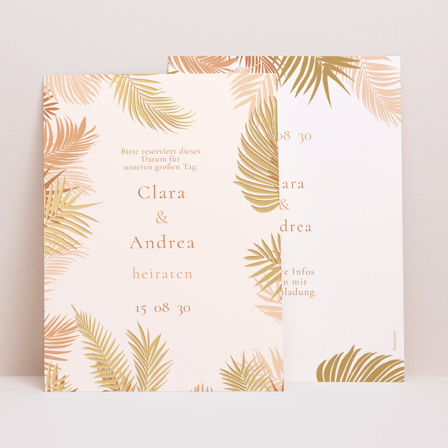 Save the date Karte Hochzeit Porträt Goldene Palme foto