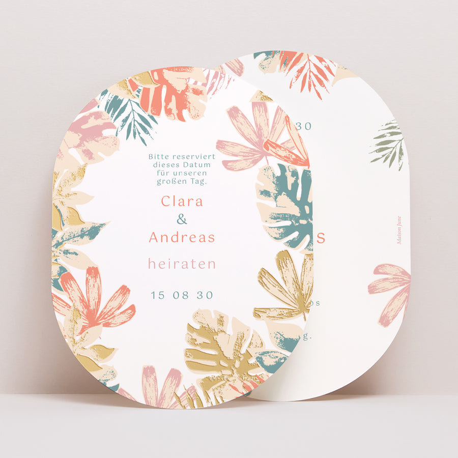 Save the date Karte Hochzeit oval Tropisches Schablone foto