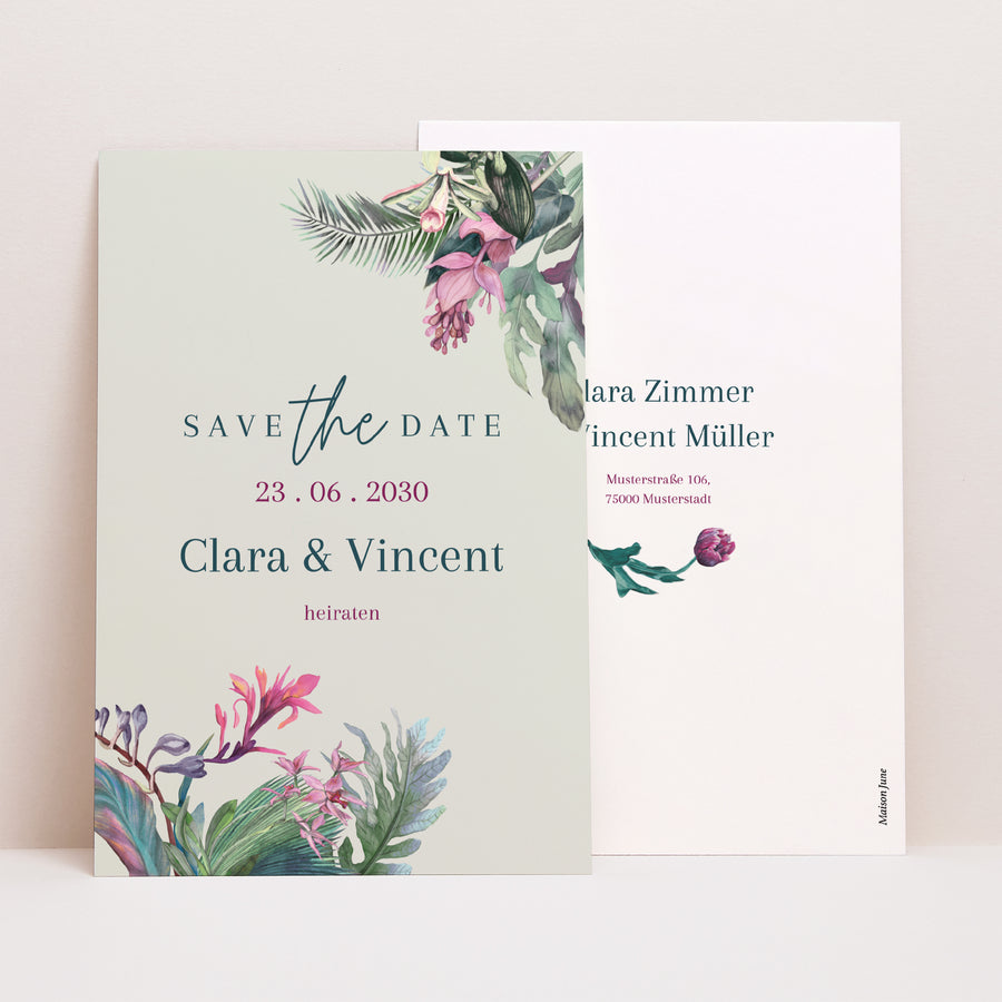 Save the date Karte Hochzeit PortraitPorträt Exotic flowers foto