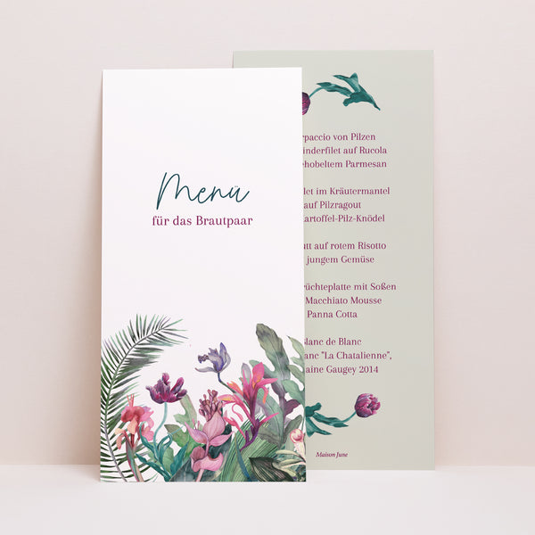Menükarte Hochzeit Panoramatisches Porträt Exotic flowers foto