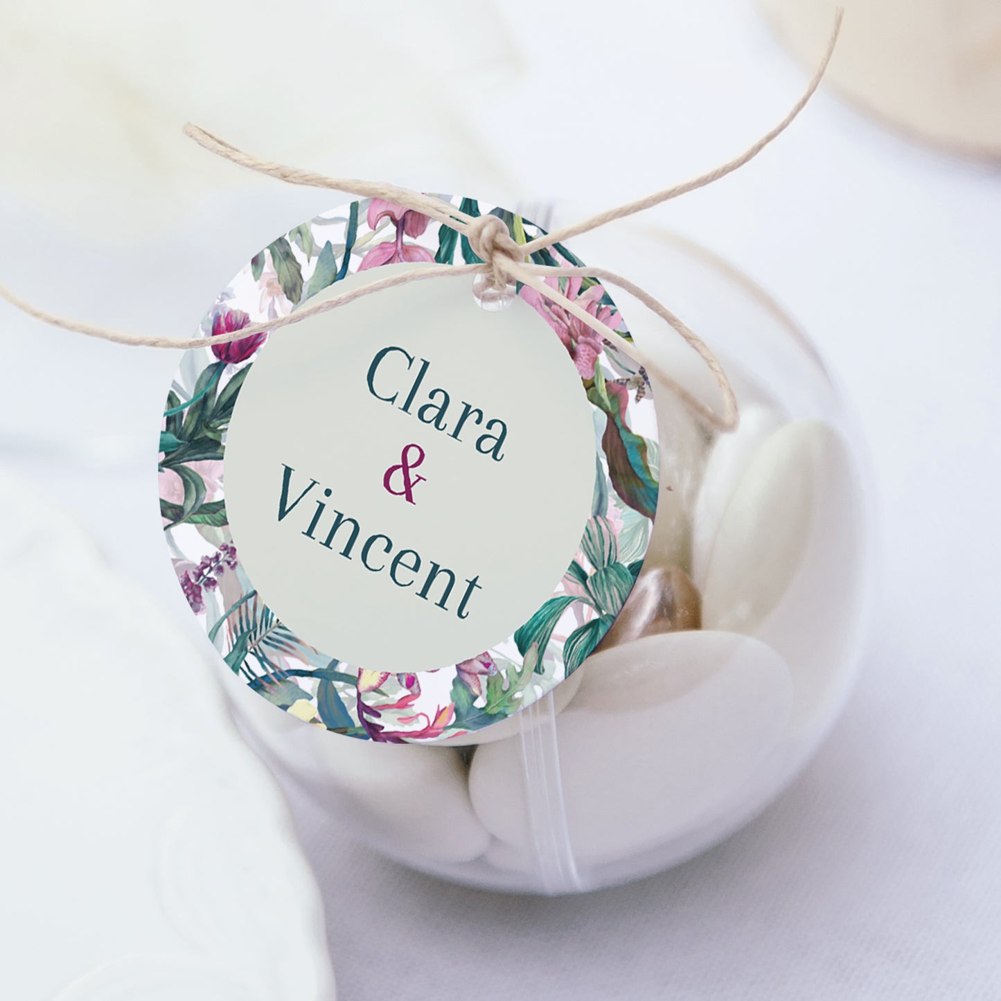 Geschenkbox Hochzeit Kugel mit runder Etikette Exotic flowers foto N° 1