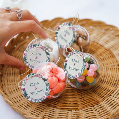 Geschenkbox Hochzeit Kugel mit runder Etikette Exotic flowers foto N° 2