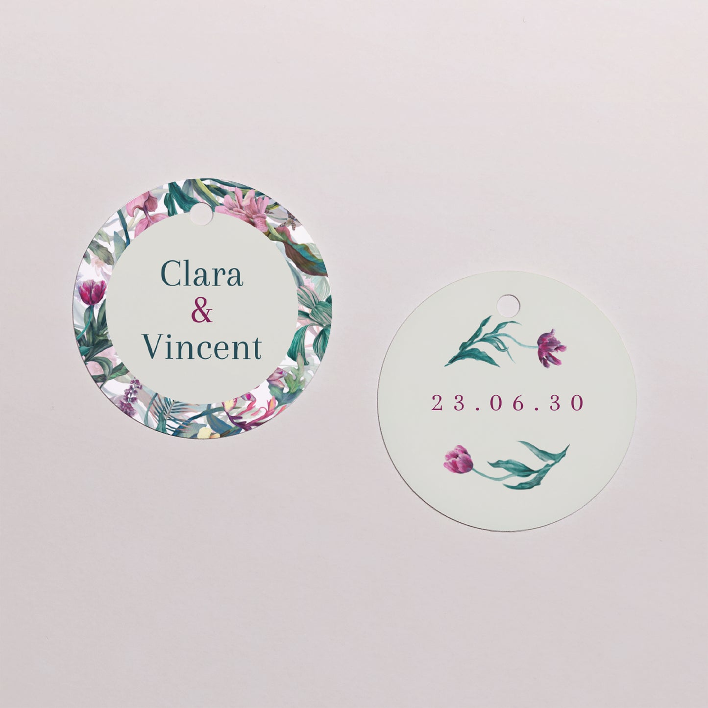 Vorgelochtes Etikett Hochzeit Runde Exotic flowers foto N° 1