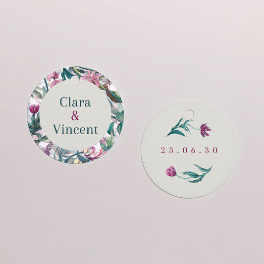 Vorgelochtes Etikett Hochzeit Runde Exotic flowers foto