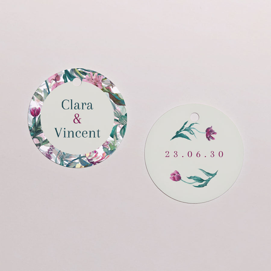 Vorgelochtes Etikett Hochzeit Runde Exotic flowers foto