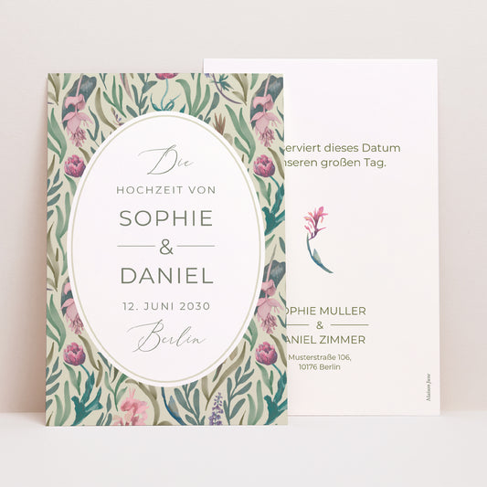 Save the date Karte Hochzeit PortraitPorträt Romantische Blumen foto