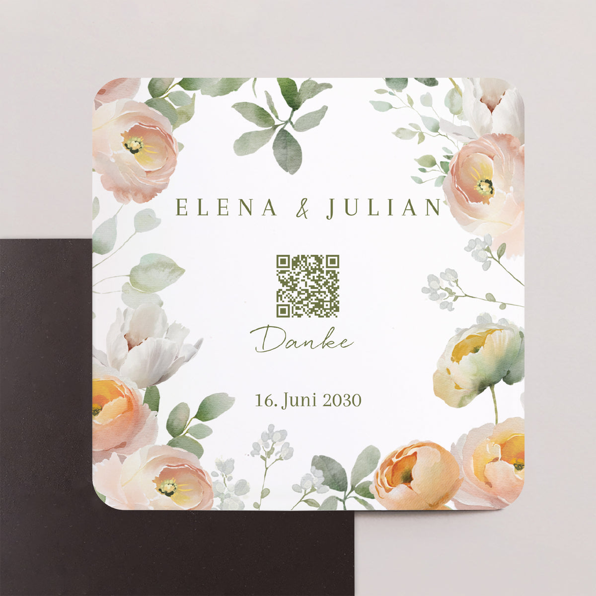 Dankeskarte Hochzeit Set von 8, magnetisch, quadratisch mit abgerundeten Ecken Romantische Blumen foto