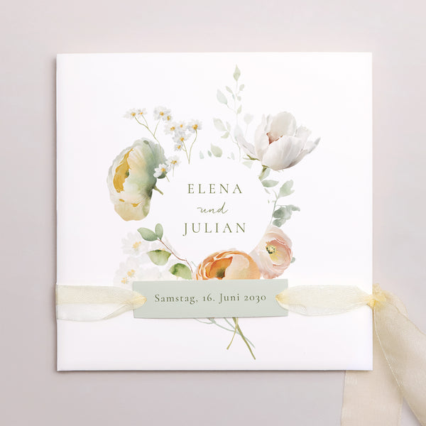 Hochzeitseinladung Quadratische Hülle, 3 Karten, Etikett Romantische Blumen foto
