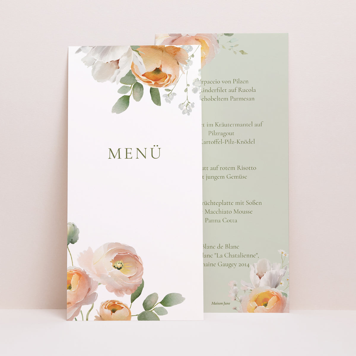 Menükarte Hochzeit Panoramatisches Porträt Romantische Blumen foto