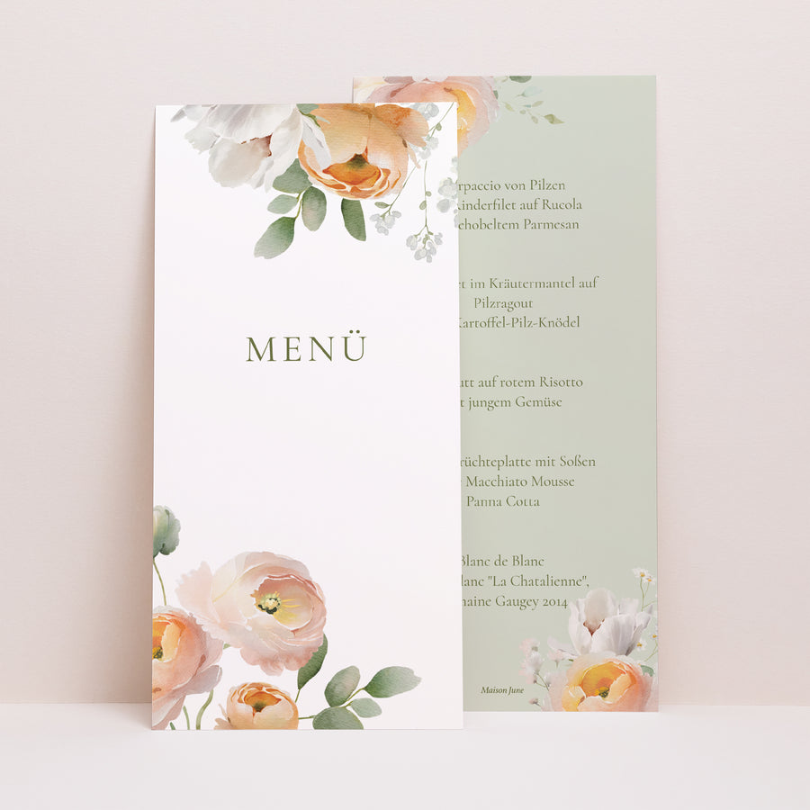 Menükarte Hochzeit Panoramatisches Porträt Romantische Blumen foto